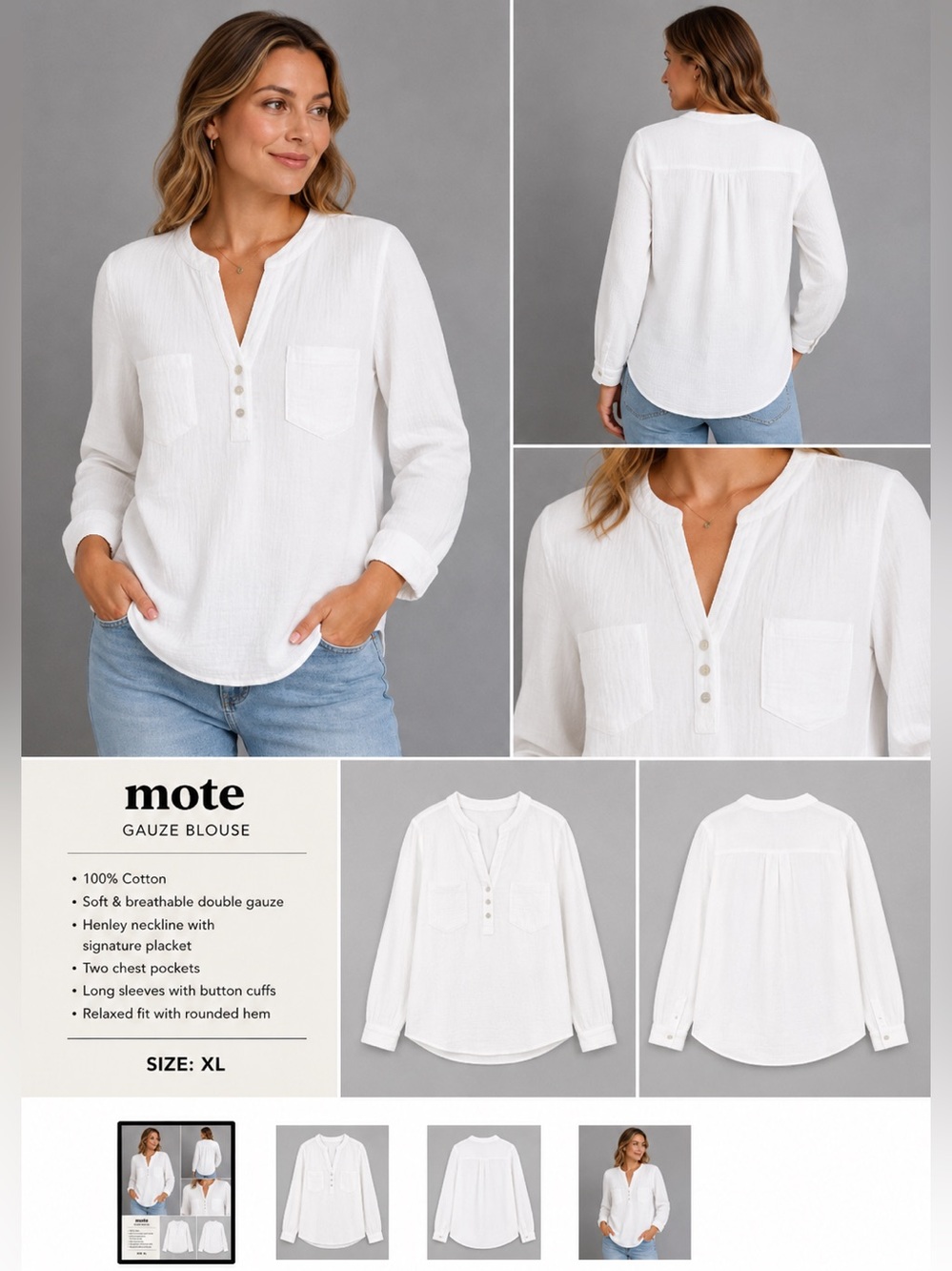 Mote White Double Gauze Cotton Blouse XL Boho Henley Pocket Top